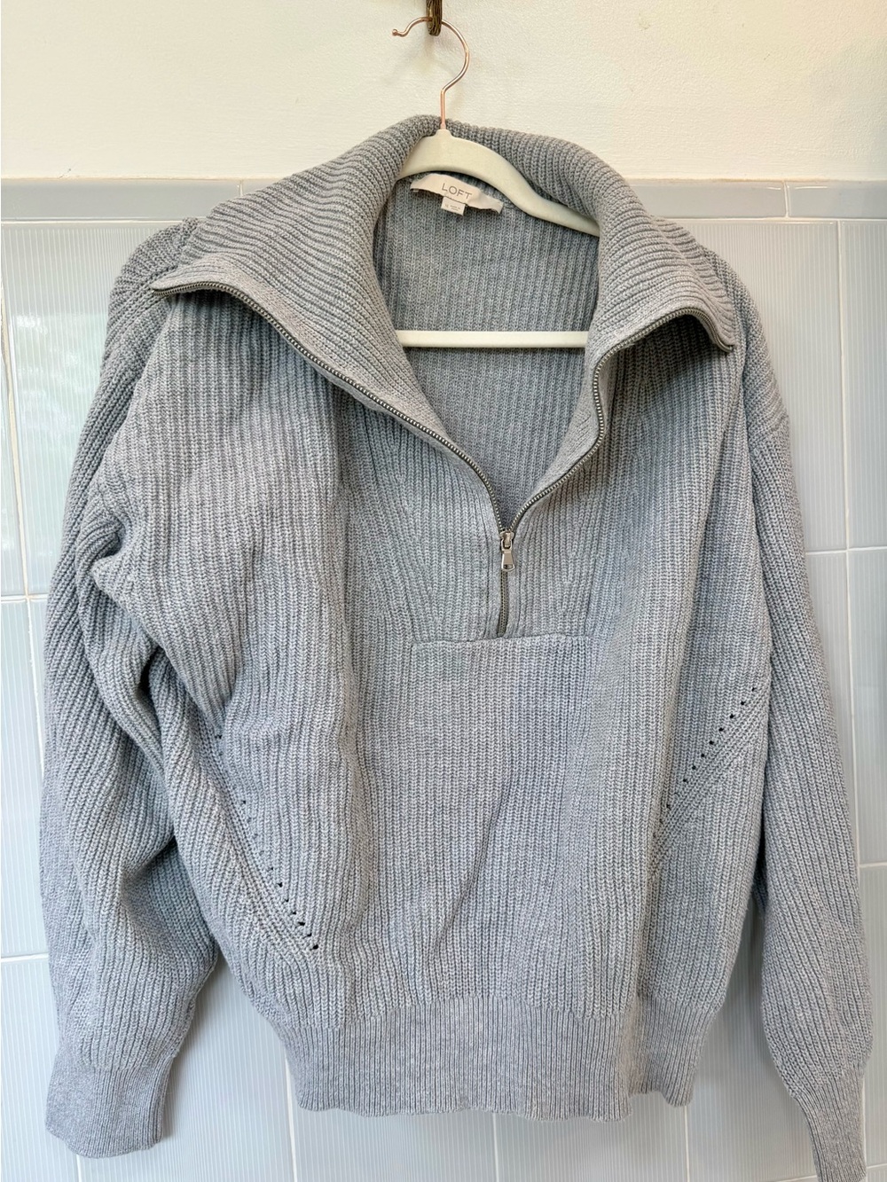 LOFT Light Gray Men's Half-Zip Ribbed Sweater